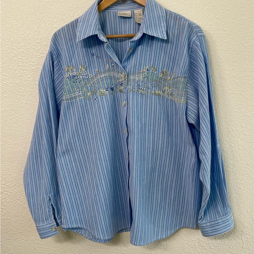 Koret Francisca Blue Striped Long Sleeve Shirt with Embroidered Pastoral Scene